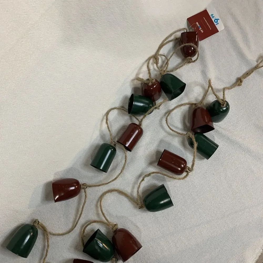 Jingle Bells Garland Christmas Holiday 2 Set Metal Green Maroon Rustic Jute New